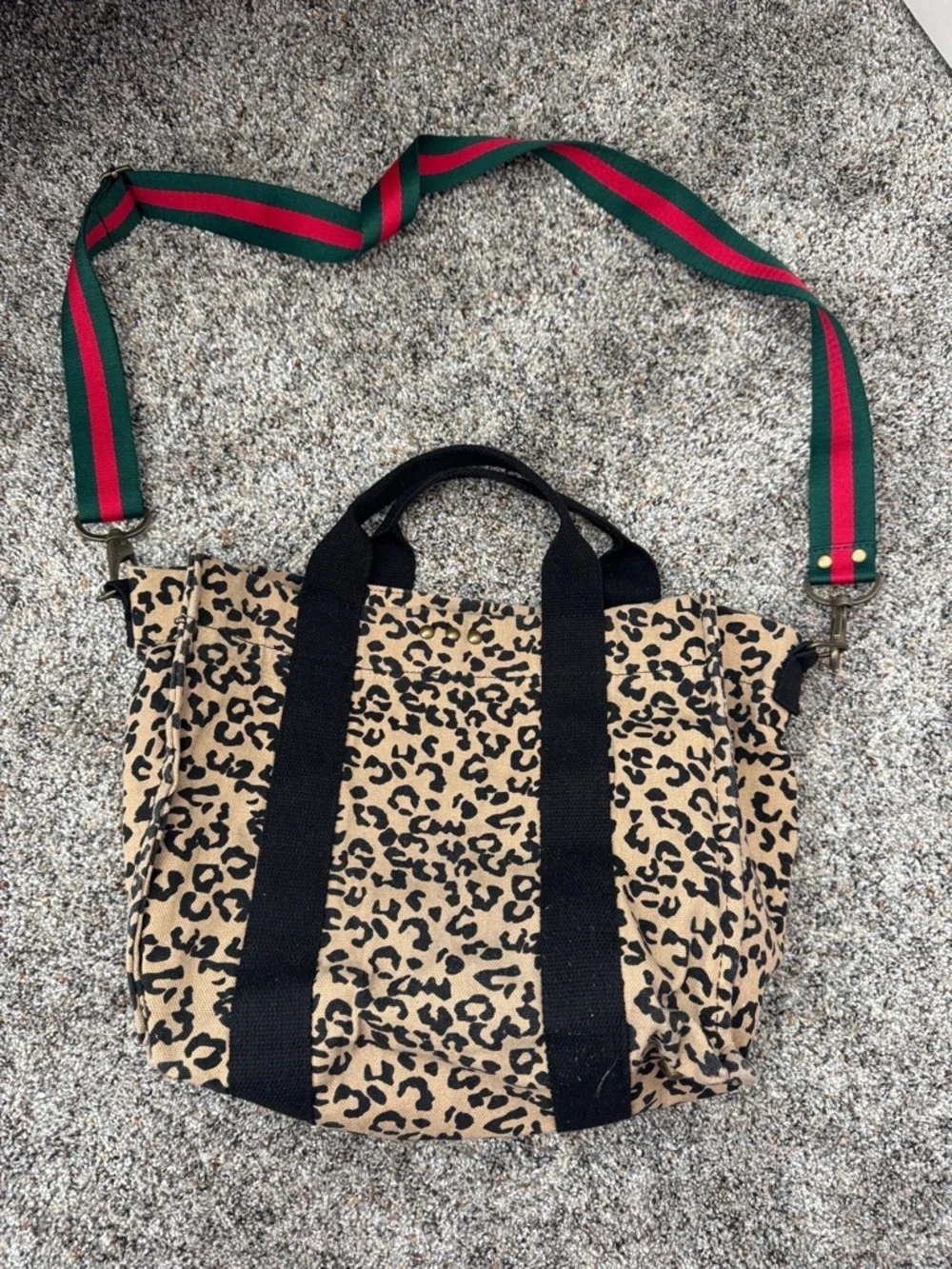 Leopard Print Crossbody Tote Bag with Green-Red Strap